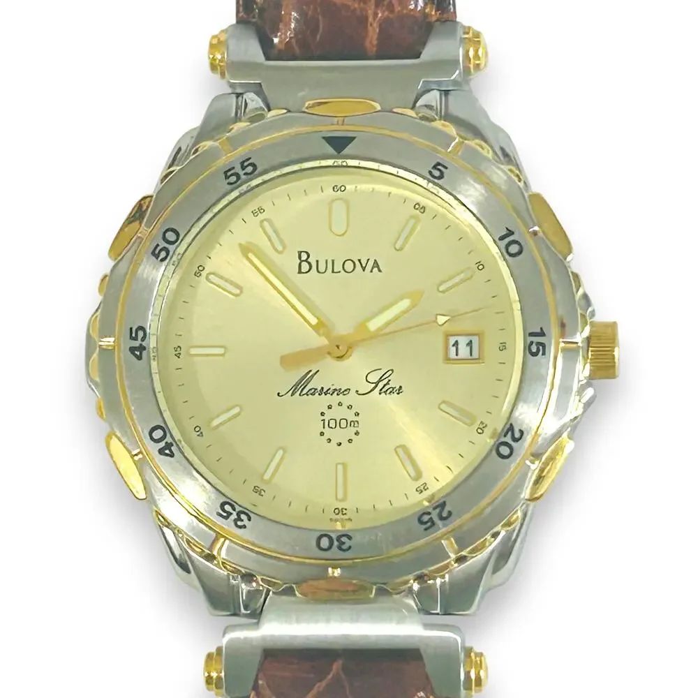 Bulova Marine Star Ladies Watch Quartz 37mm 2 Tone Leather Strap Vintage